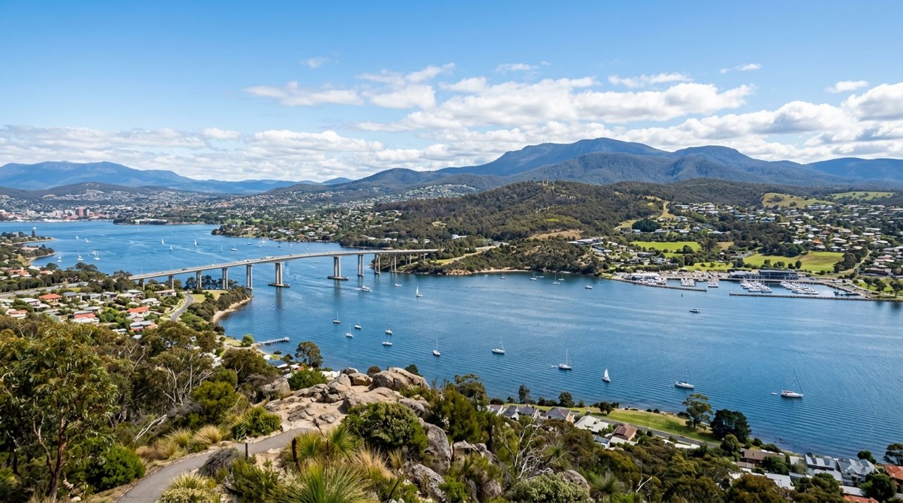 a scenic view of the River Derwent estuary and Hobart's Eastern Shore, Tasmania