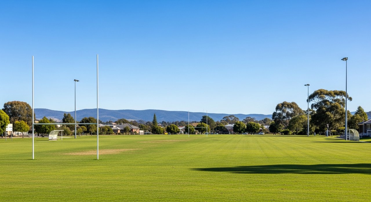an empty community sports oval on Hobart's Eastern Shore, green grass, goalposts, daytime
