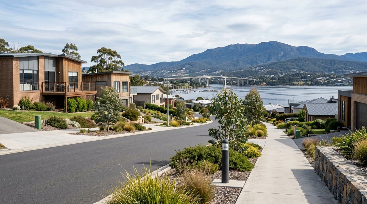 a modern Tasmanian suburban civic streetscape on Hobart's Eastern Shore, daytime, no identifiable people