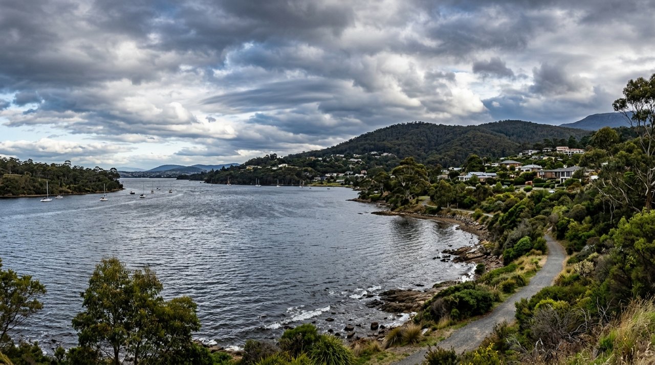 the River Derwent and the Eastern Shore foreshore under a dramatic Tasmanian sky