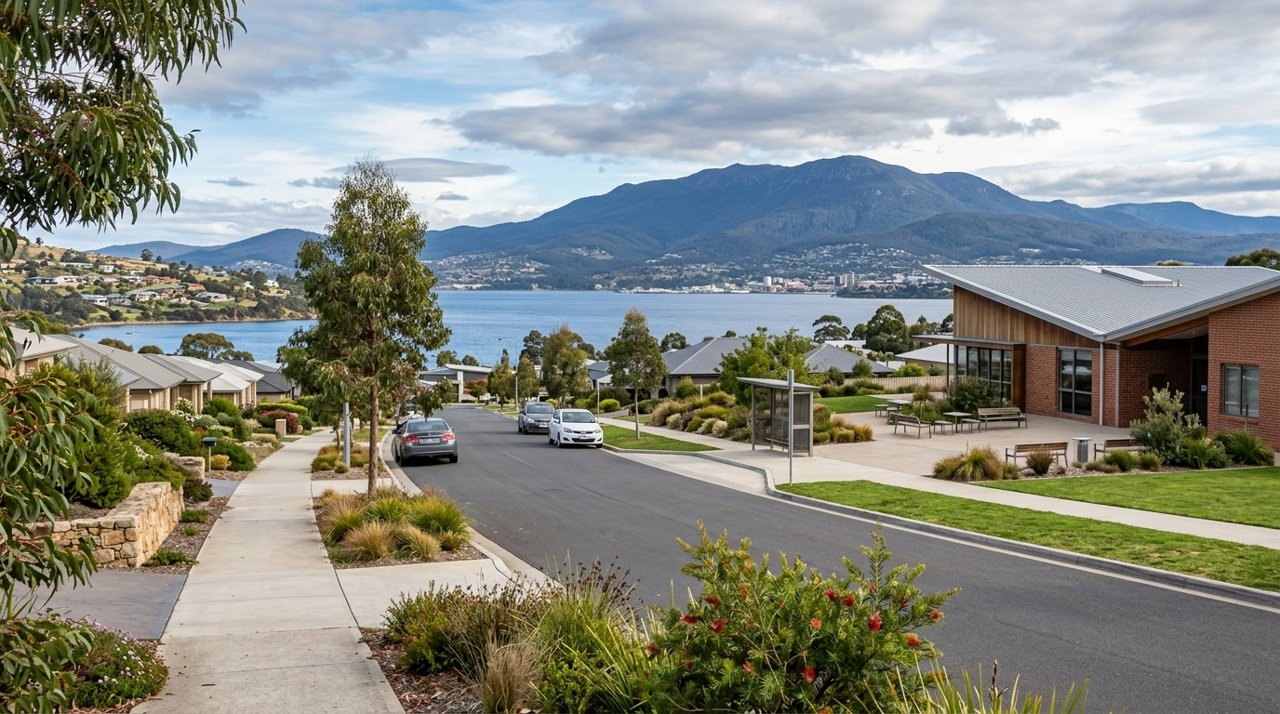 a modern Tasmanian suburban civic streetscape on Hobart's Eastern Shore, daytime, no identifiable people