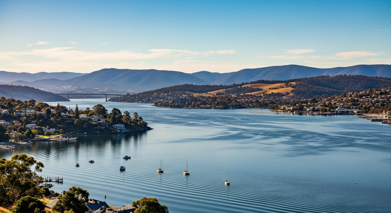 a scenic view of the River Derwent estuary and Hobart's Eastern Shore, Tasmania