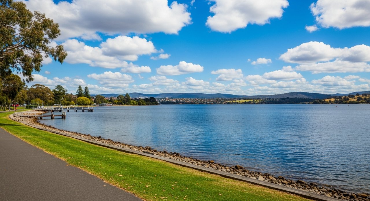 the River Derwent and the Eastern Shore foreshore under a dramatic Tasmanian sky