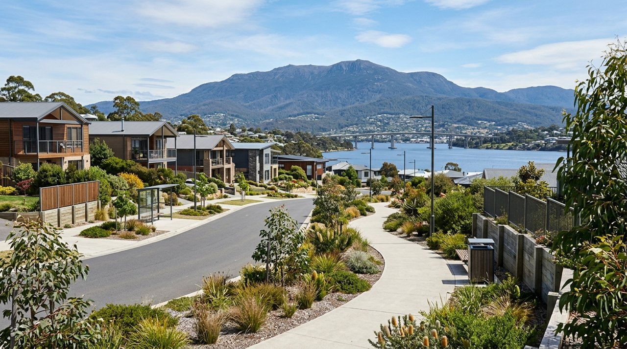a modern Tasmanian suburban civic streetscape on Hobart's Eastern Shore, daytime, no identifiable people
