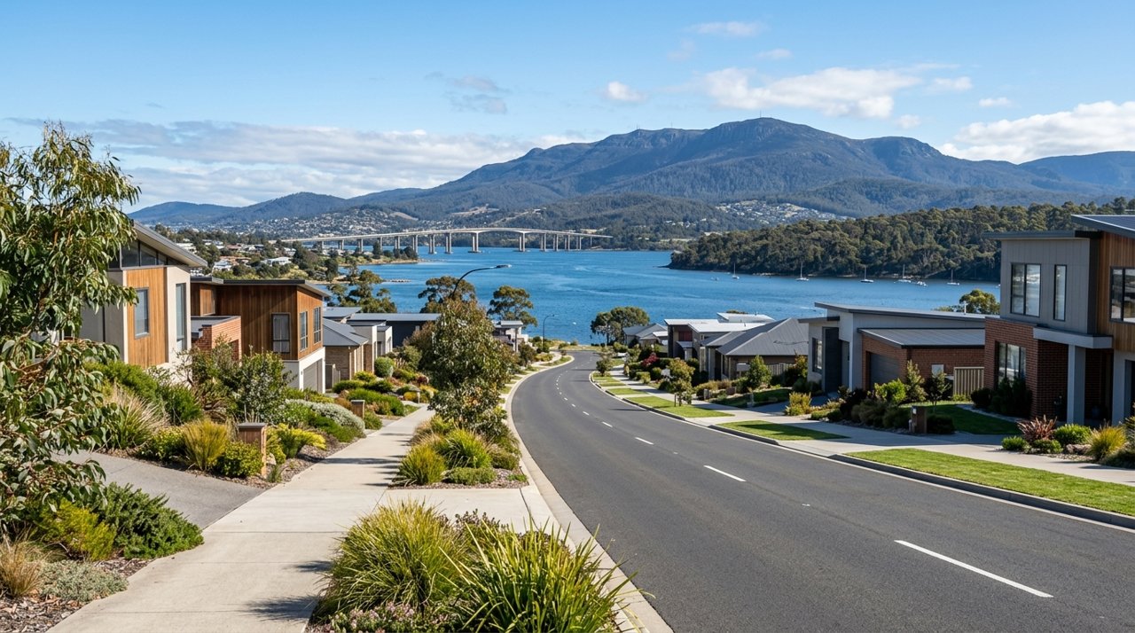 a modern Tasmanian suburban civic streetscape on Hobart's Eastern Shore, daytime, no identifiable people