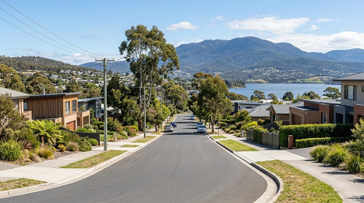 a modern Tasmanian suburban civic streetscape on Hobart's Eastern Shore, daytime, no identifiable people