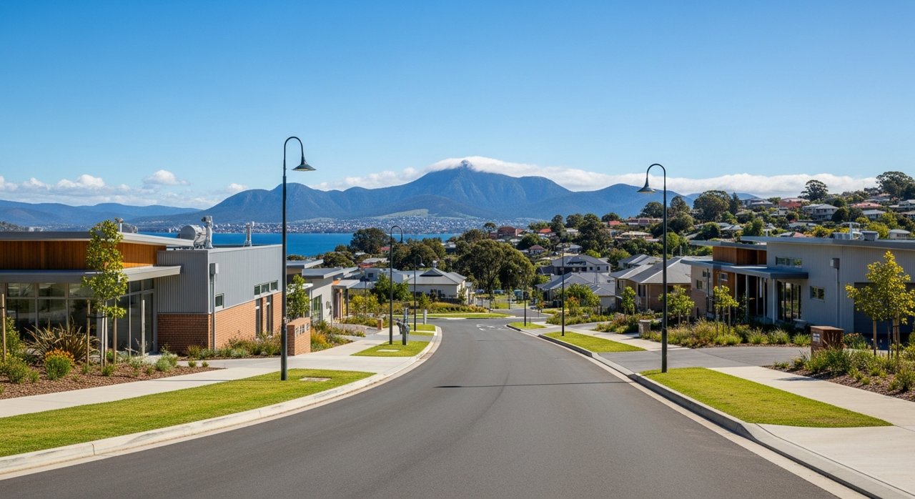 a modern Tasmanian suburban civic streetscape on Hobart's Eastern Shore, daytime, no identifiable people