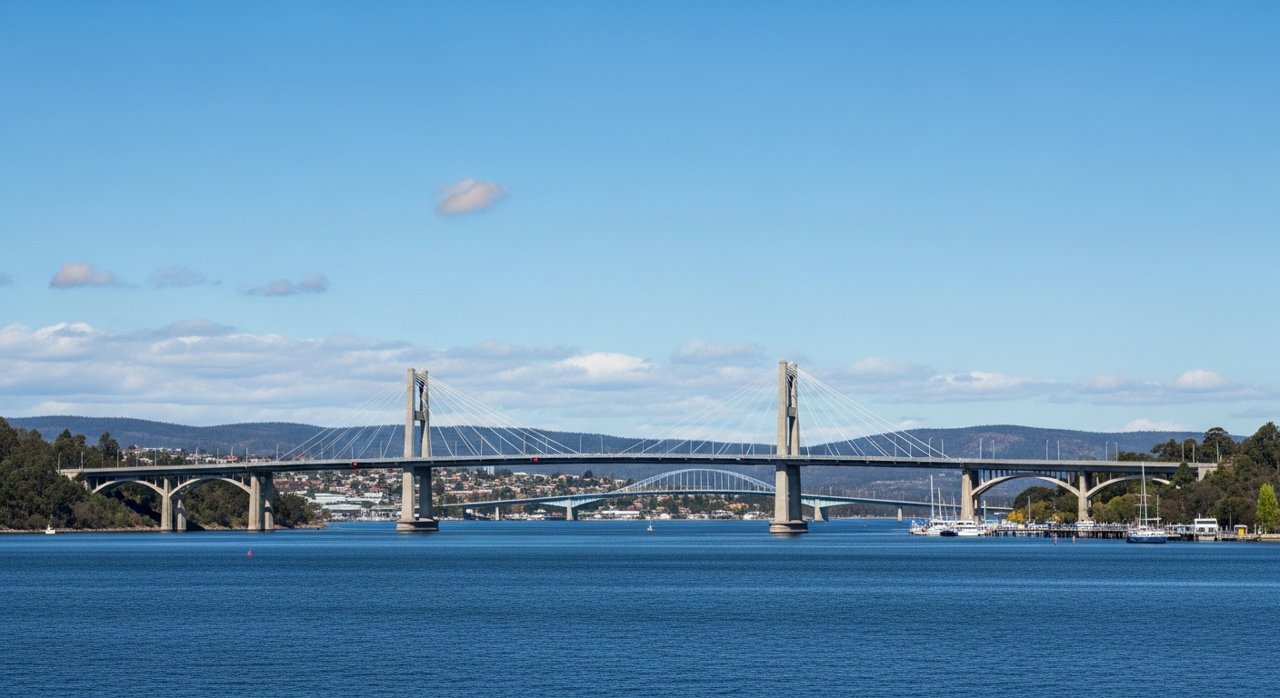 the Tasman Bridge spanning the River Derwent at Hobart on a clear day, wide shot, no people