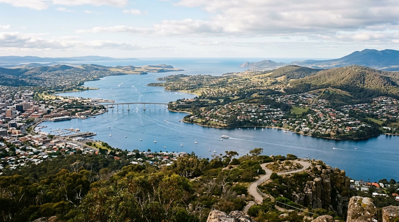a scenic view of the River Derwent estuary and Hobart's Eastern Shore, Tasmania
