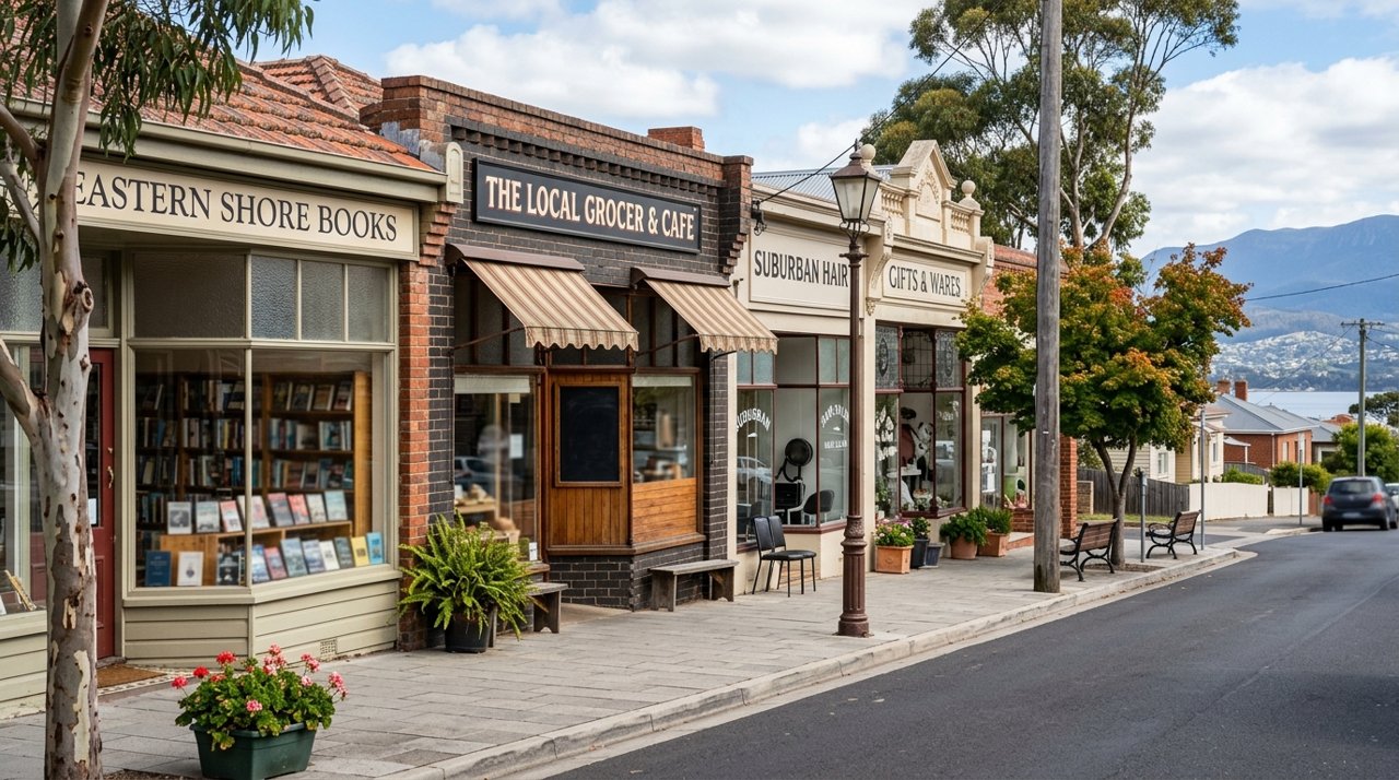 a quiet local high-street shopfront row in a Hobart Eastern Shore suburb, daytime, no identifiable people