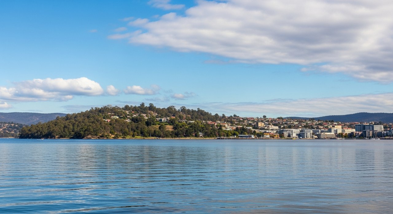 a scenic view of the River Derwent estuary and Hobart's Eastern Shore, Tasmania