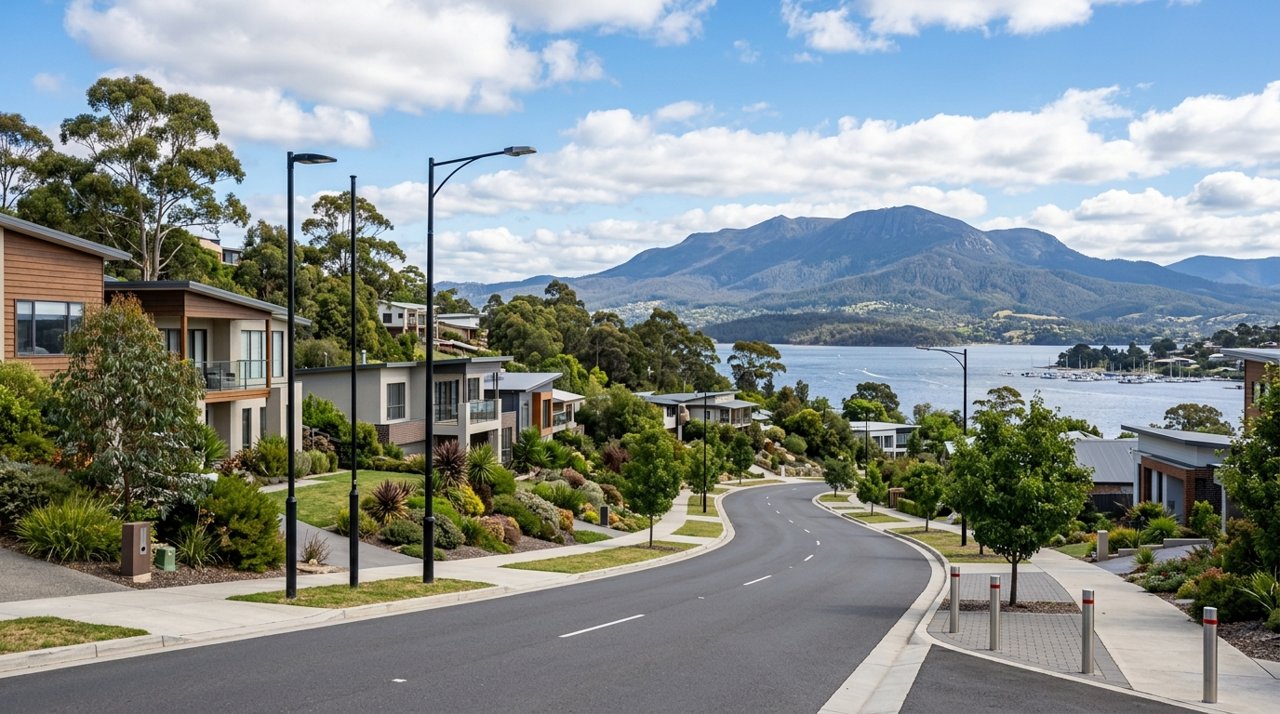 a modern Tasmanian suburban civic streetscape on Hobart's Eastern Shore, daytime, no identifiable people