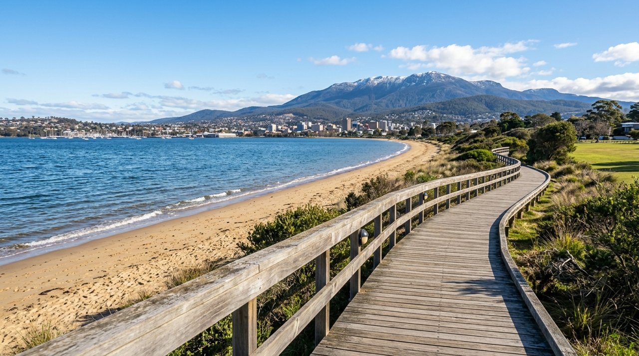the Bellerive Beach foreshore boardwalk on Hobart's Eastern Shore on a sunny day