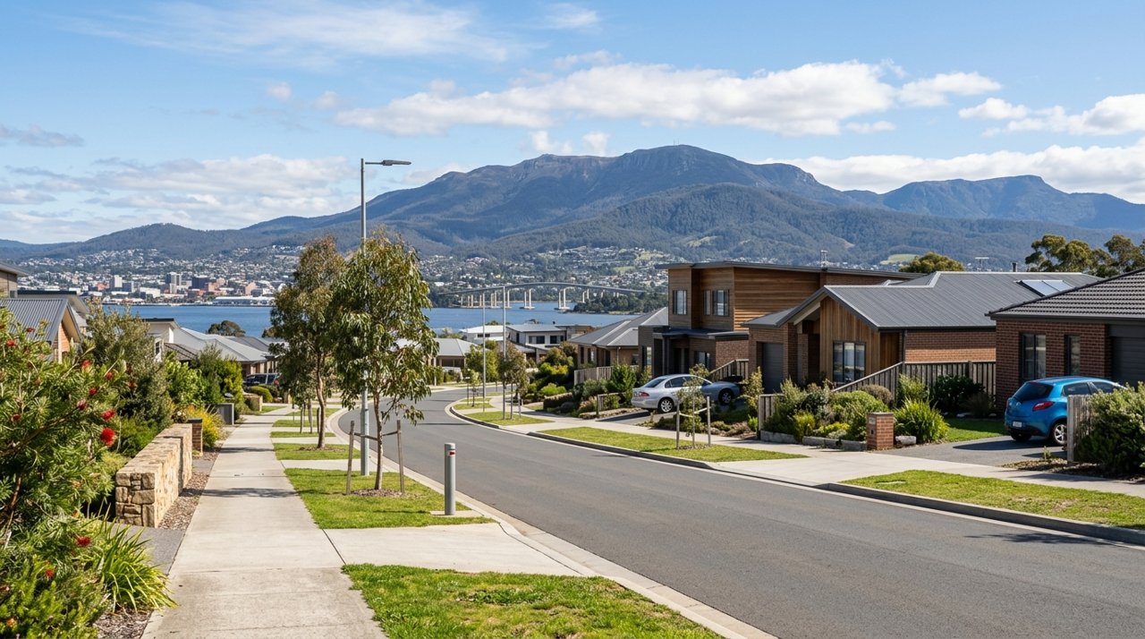 a modern Tasmanian suburban civic streetscape on Hobart's Eastern Shore, daytime, no identifiable people