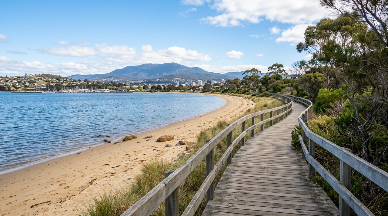 the Bellerive Beach foreshore boardwalk on Hobart's Eastern Shore on a sunny day