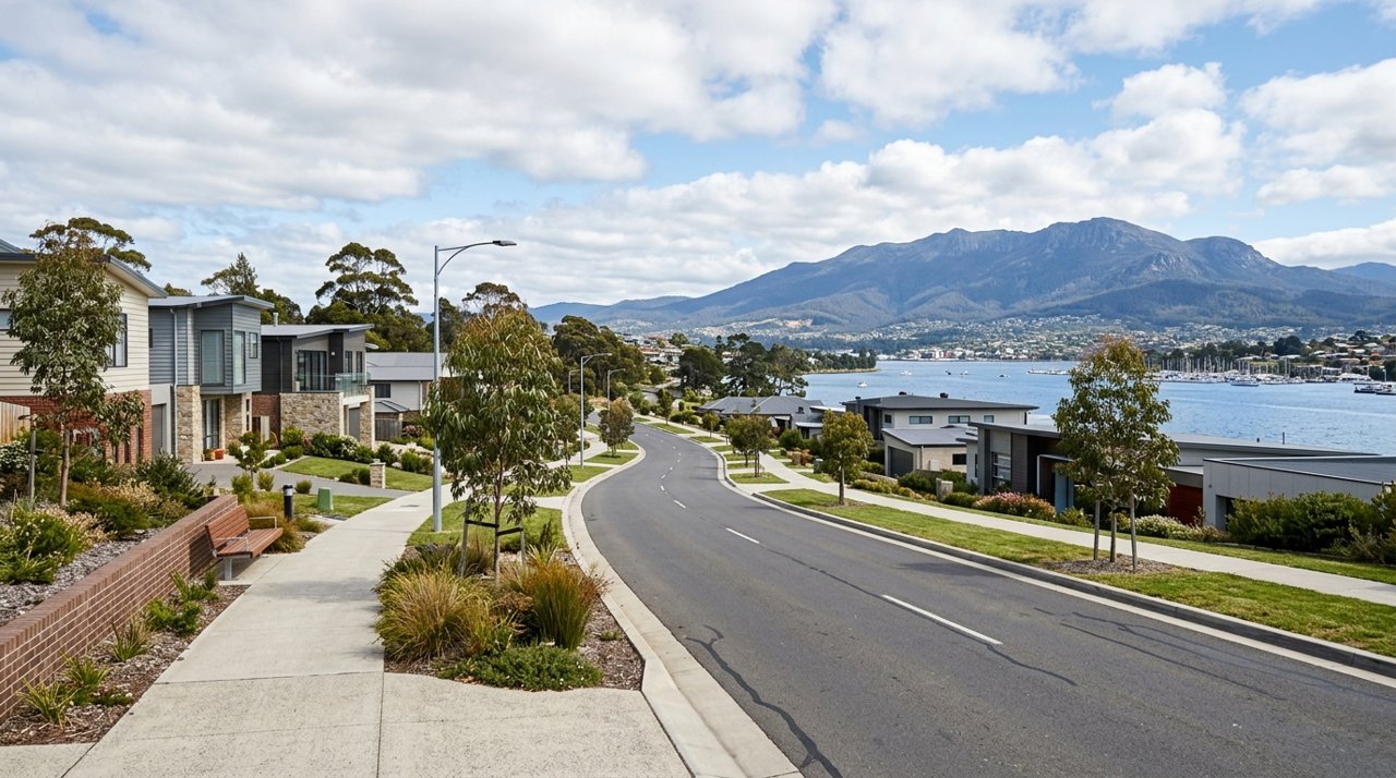 a modern Tasmanian suburban civic streetscape on Hobart's Eastern Shore, daytime, no identifiable people