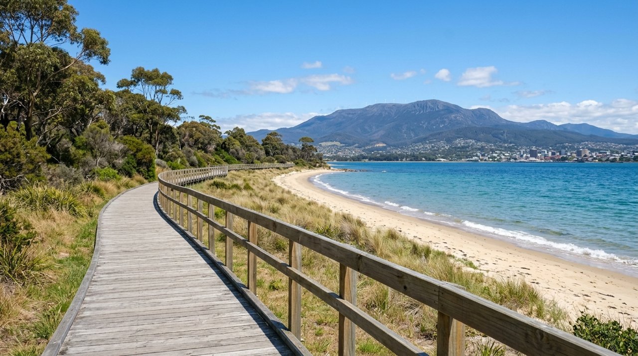 the Bellerive Beach foreshore boardwalk on Hobart's Eastern Shore on a sunny day