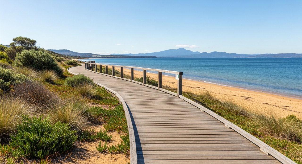 the Bellerive Beach foreshore boardwalk on Hobart's Eastern Shore on a sunny day