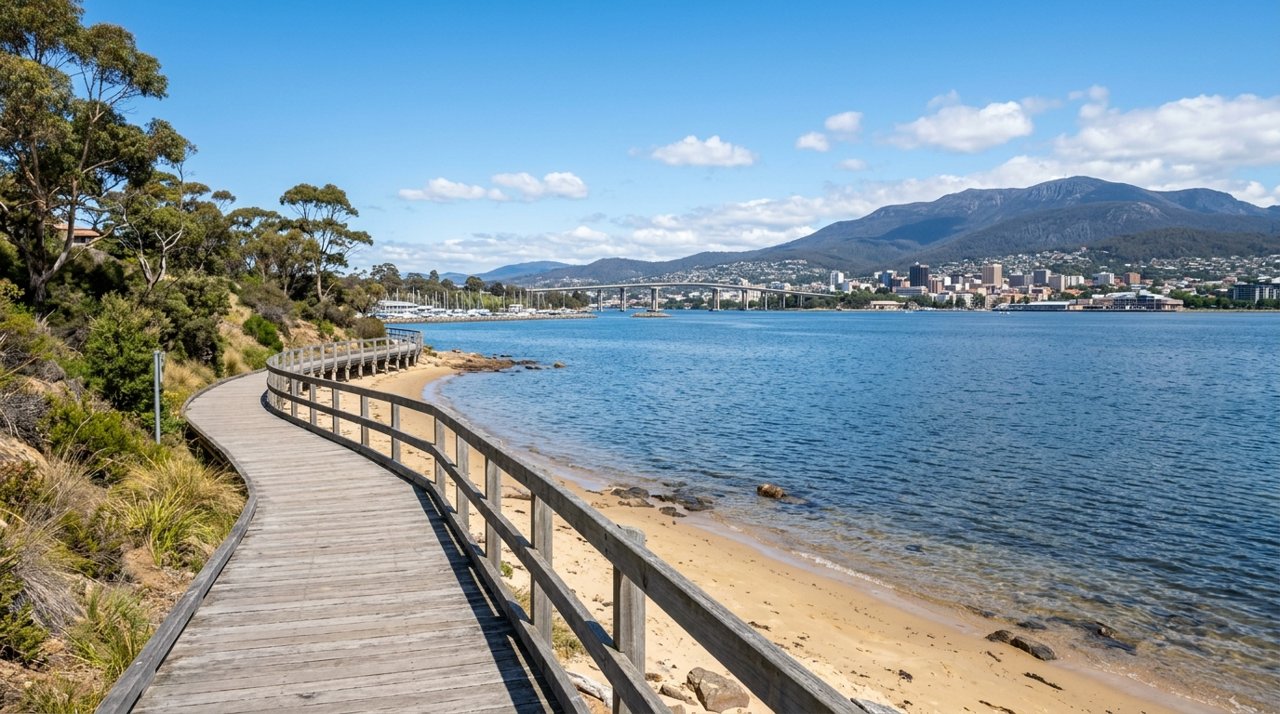 the Bellerive Beach foreshore boardwalk on Hobart's Eastern Shore on a sunny day