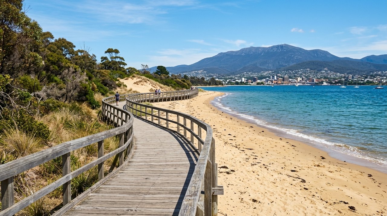 the Bellerive Beach foreshore boardwalk on Hobart's Eastern Shore on a sunny day