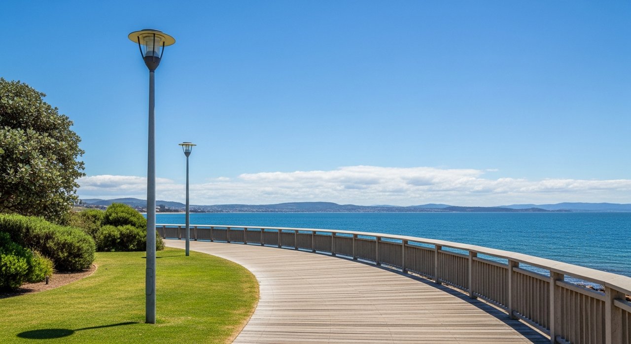 the Bellerive Beach foreshore boardwalk on Hobart's Eastern Shore on a sunny day