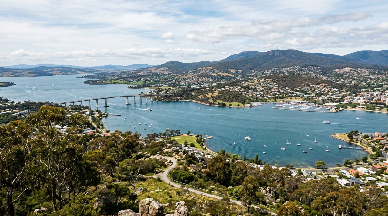 a scenic view of the River Derwent estuary and Hobart's Eastern Shore, Tasmania