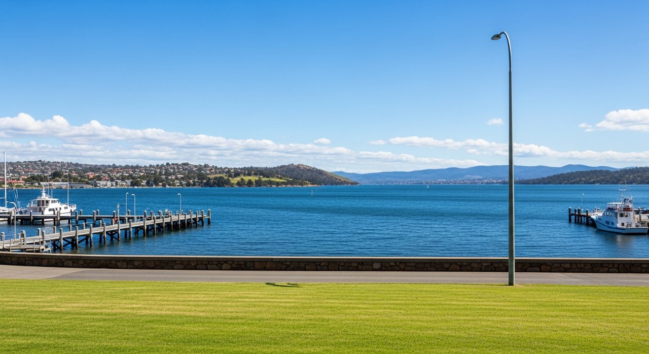 a scenic view of the River Derwent estuary and Hobart's Eastern Shore, Tasmania