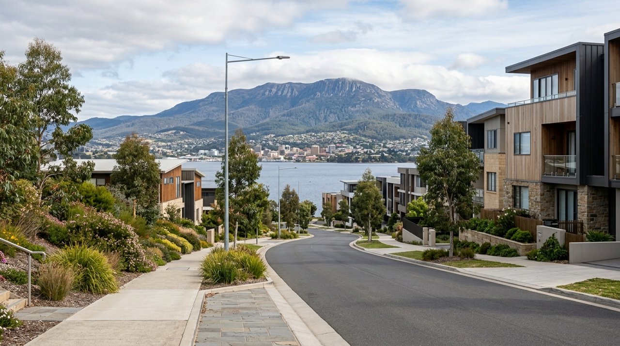 a modern Tasmanian suburban civic streetscape on Hobart's Eastern Shore, daytime, no identifiable people