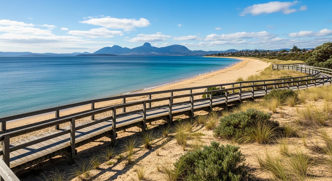 the Bellerive Beach foreshore boardwalk on Hobart's Eastern Shore on a sunny day