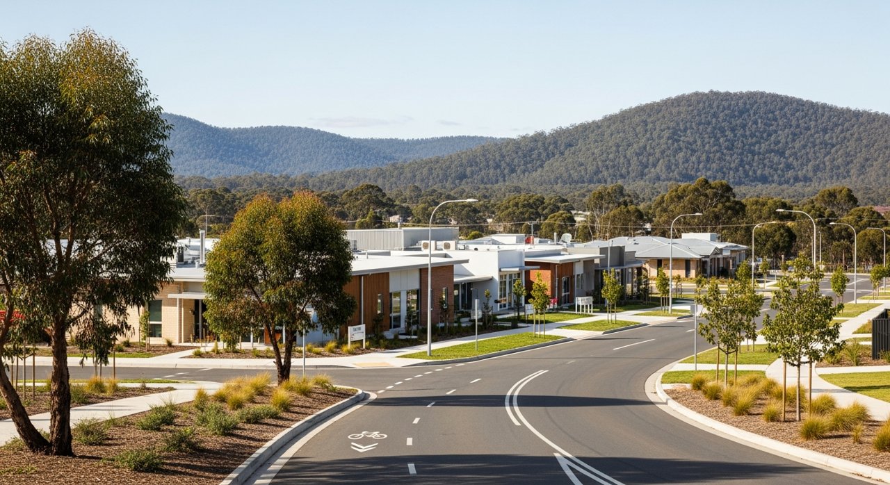 a modern Tasmanian suburban civic streetscape on Hobart's Eastern Shore, daytime, no identifiable people