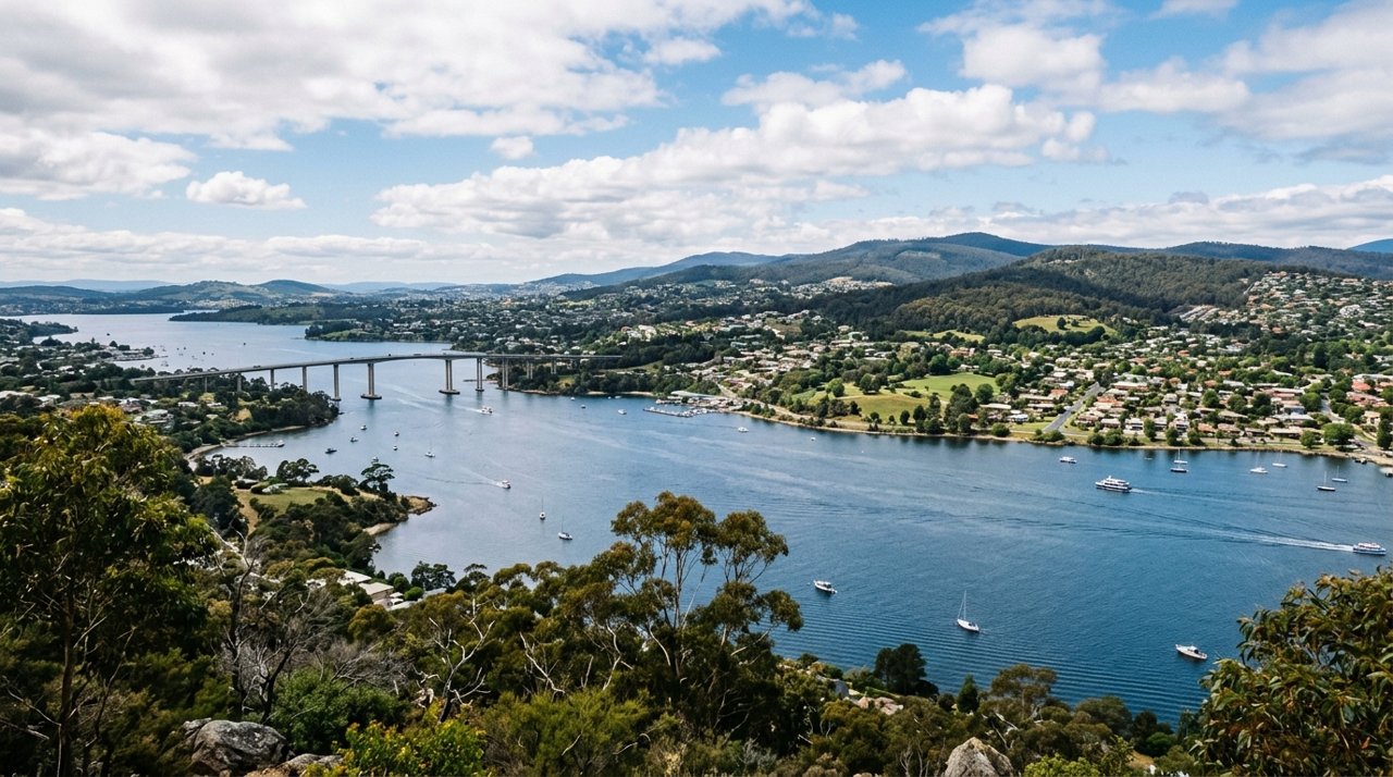 a scenic view of the River Derwent estuary and Hobart's Eastern Shore, Tasmania