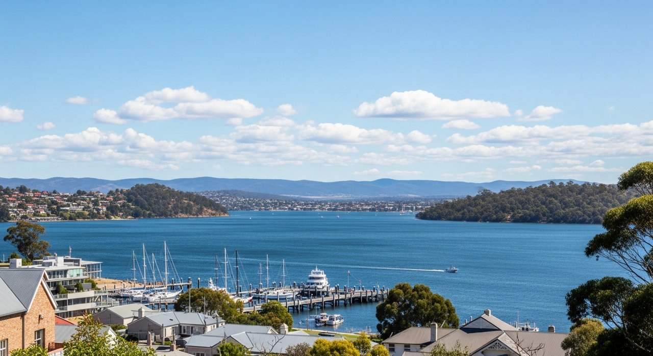 a scenic view of the River Derwent estuary and Hobart's Eastern Shore, Tasmania
