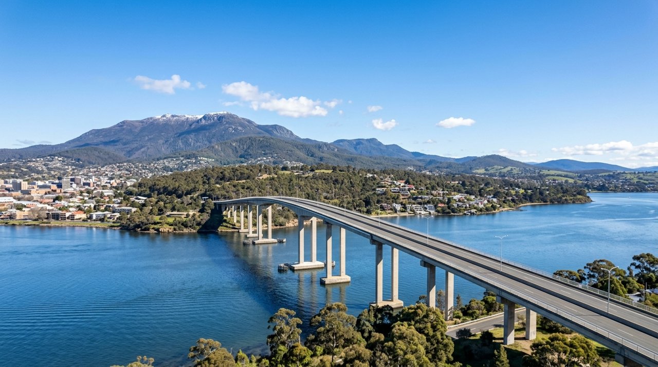 the Tasman Bridge spanning the River Derwent at Hobart on a clear day, wide shot, no people