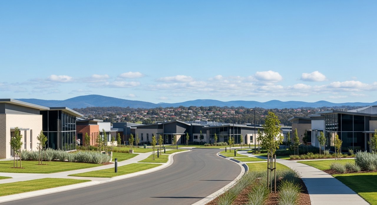 a modern Tasmanian suburban civic streetscape on Hobart's Eastern Shore, daytime, no identifiable people