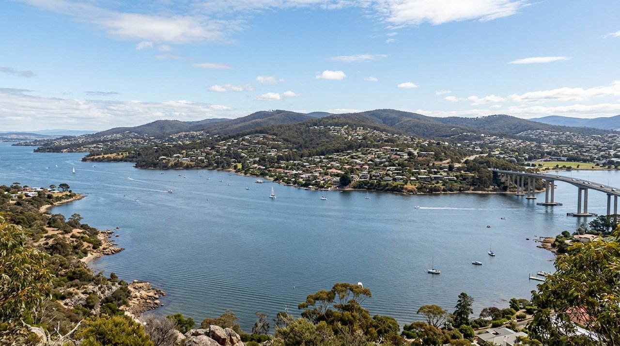 a scenic view of the River Derwent estuary and Hobart's Eastern Shore, Tasmania