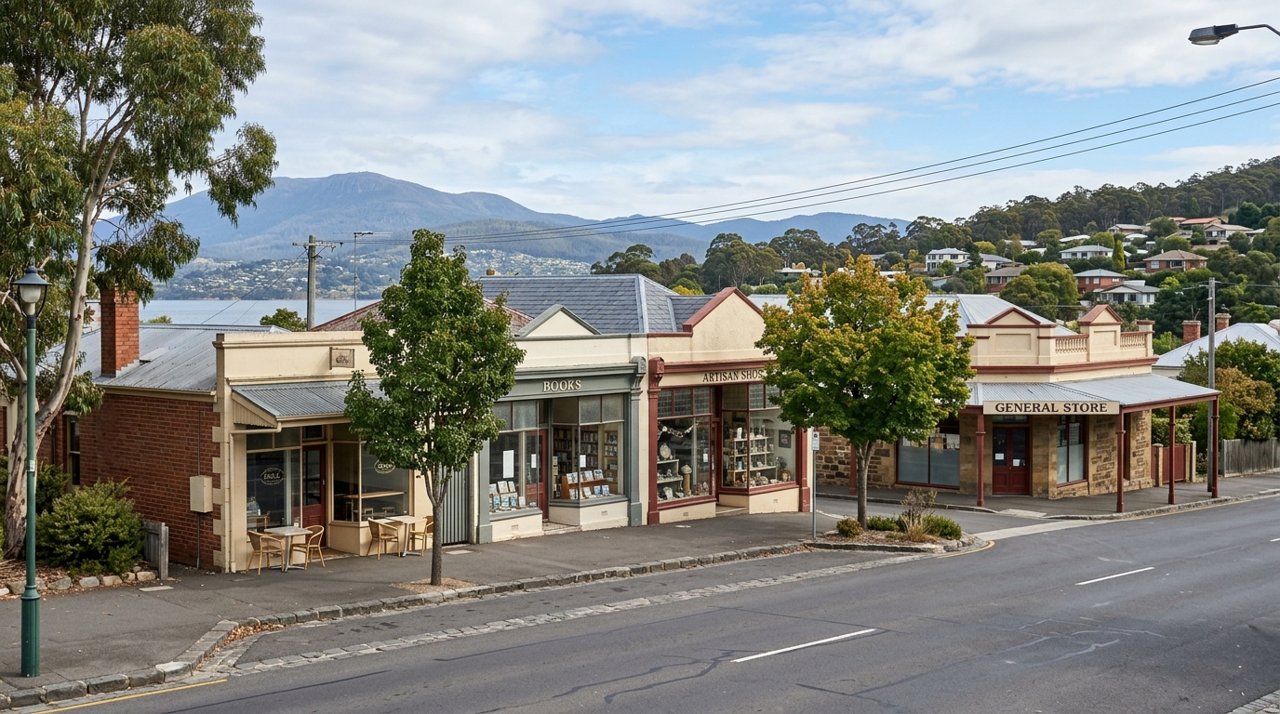 a quiet local high-street shopfront row in a Hobart Eastern Shore suburb, daytime, no identifiable people