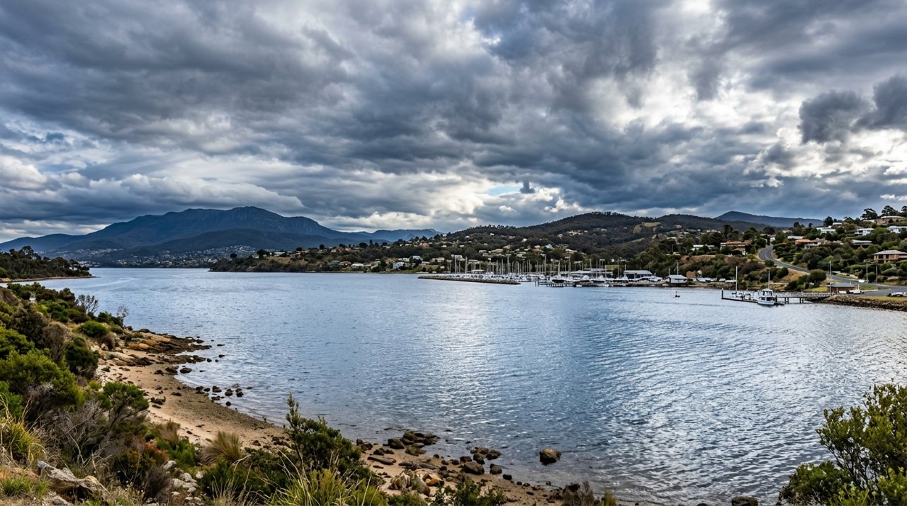 the River Derwent and the Eastern Shore foreshore under a dramatic Tasmanian sky