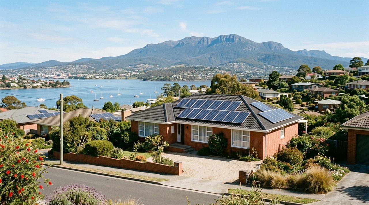 rooftop solar panels on a suburban Tasmanian brick home under a clear sky, Hobart Eastern Shore, daytime, no identifiable people