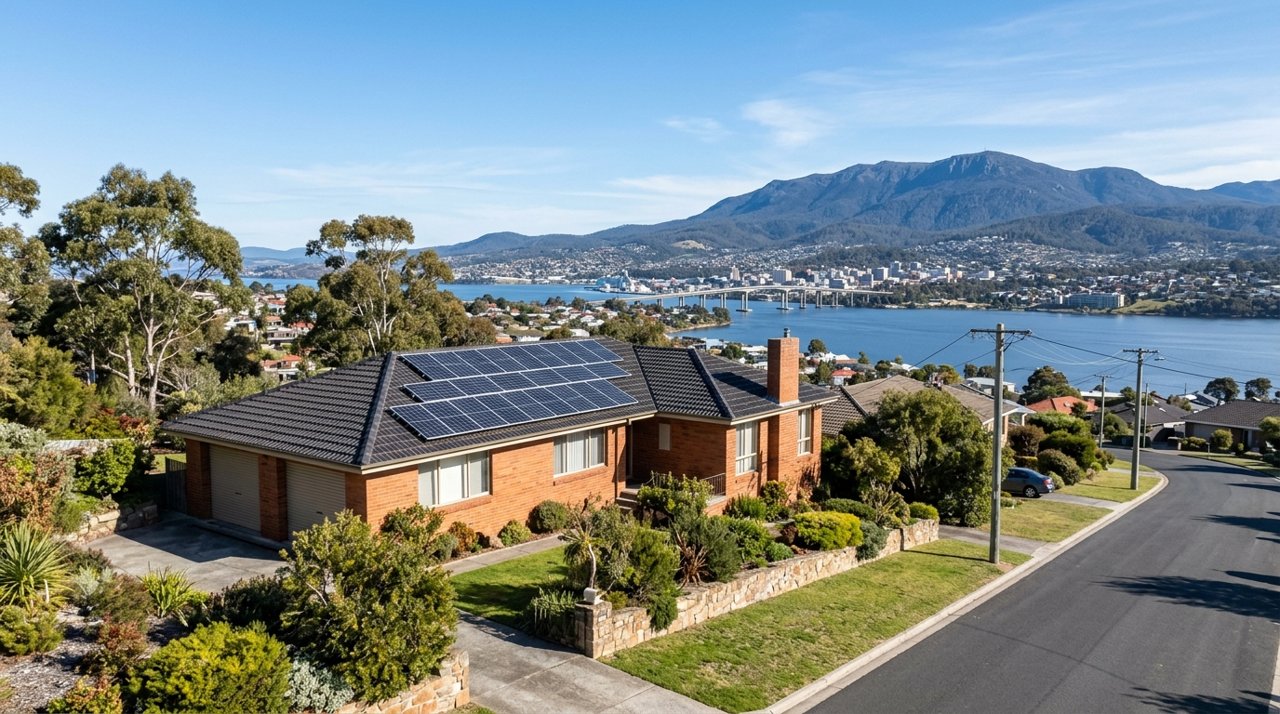 rooftop solar panels on a suburban Tasmanian brick home under a clear sky, Hobart Eastern Shore, daytime, no identifiable people