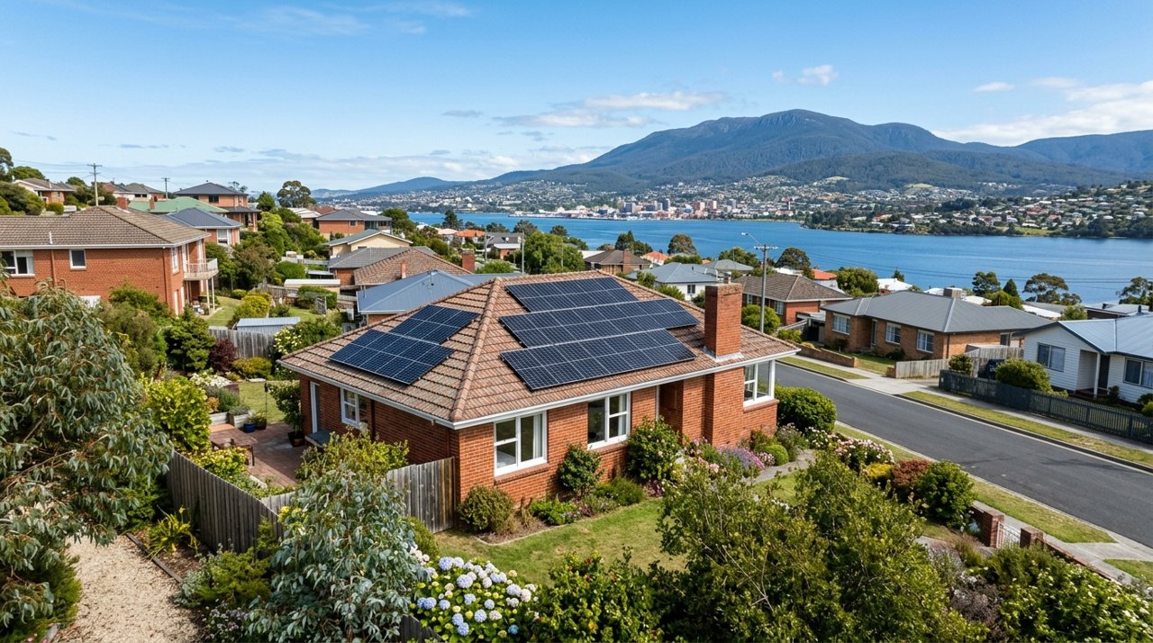 rooftop solar panels on a suburban Tasmanian brick home under a clear sky, Hobart Eastern Shore, daytime, no identifiable people