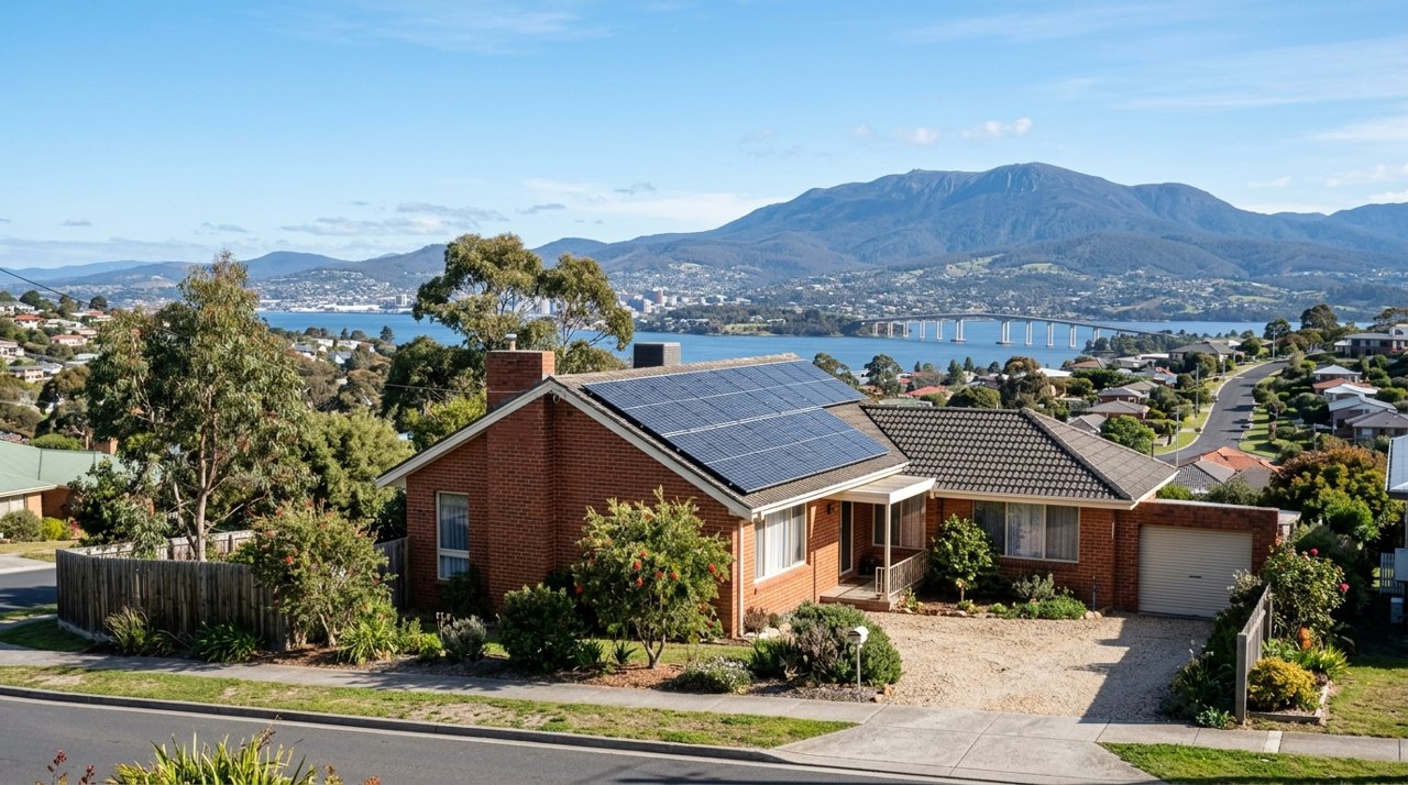 rooftop solar panels on a suburban Tasmanian brick home under a clear sky, Hobart Eastern Shore, daytime, no identifiable people