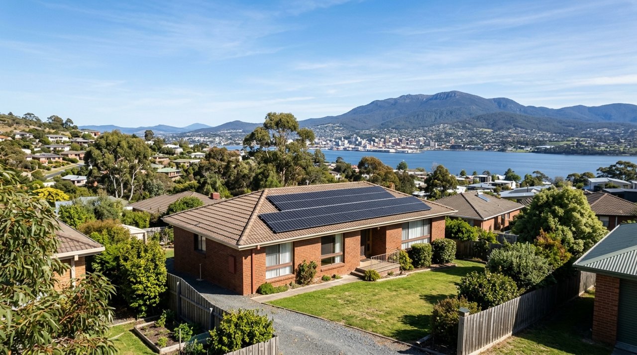 rooftop solar panels on a suburban Tasmanian brick home under a clear sky, Hobart Eastern Shore, daytime, no identifiable people