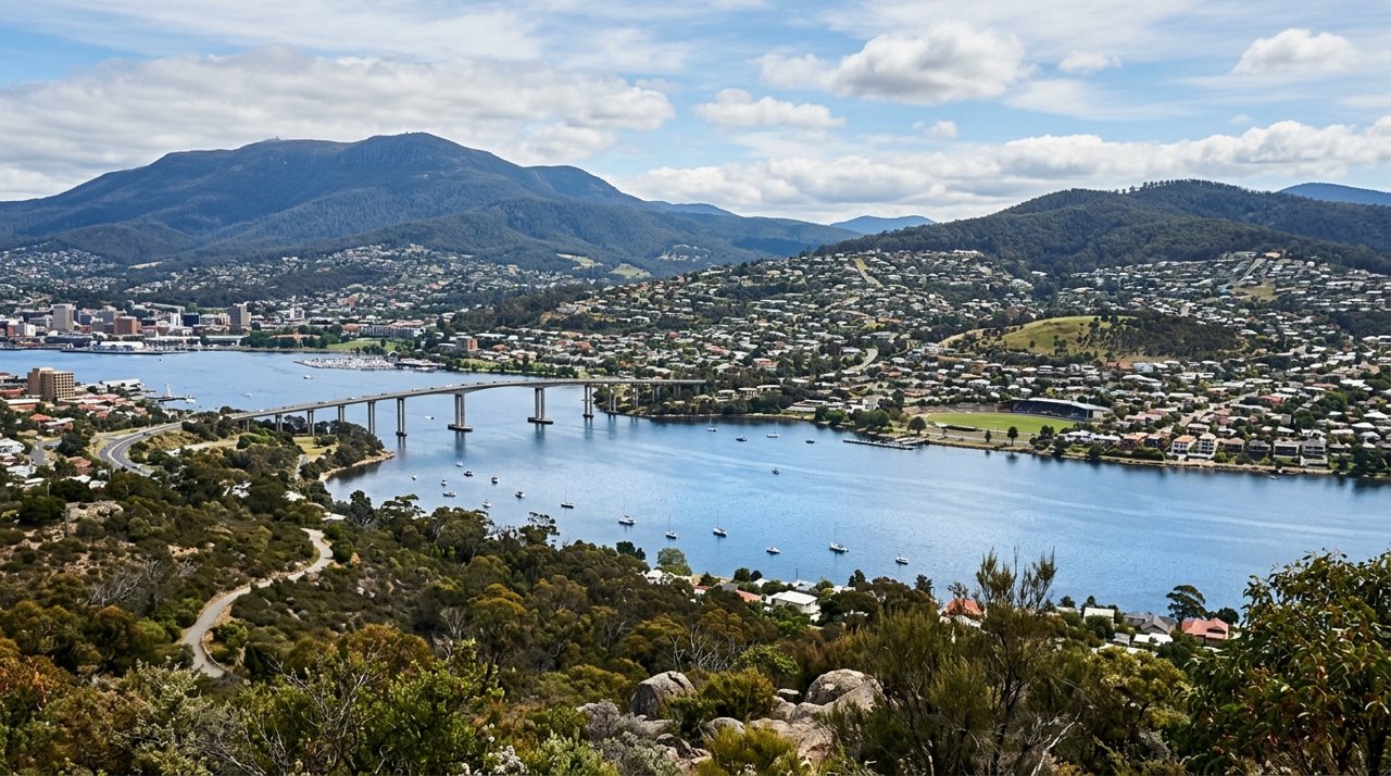 a scenic view of the River Derwent estuary and Hobart's Eastern Shore, Tasmania