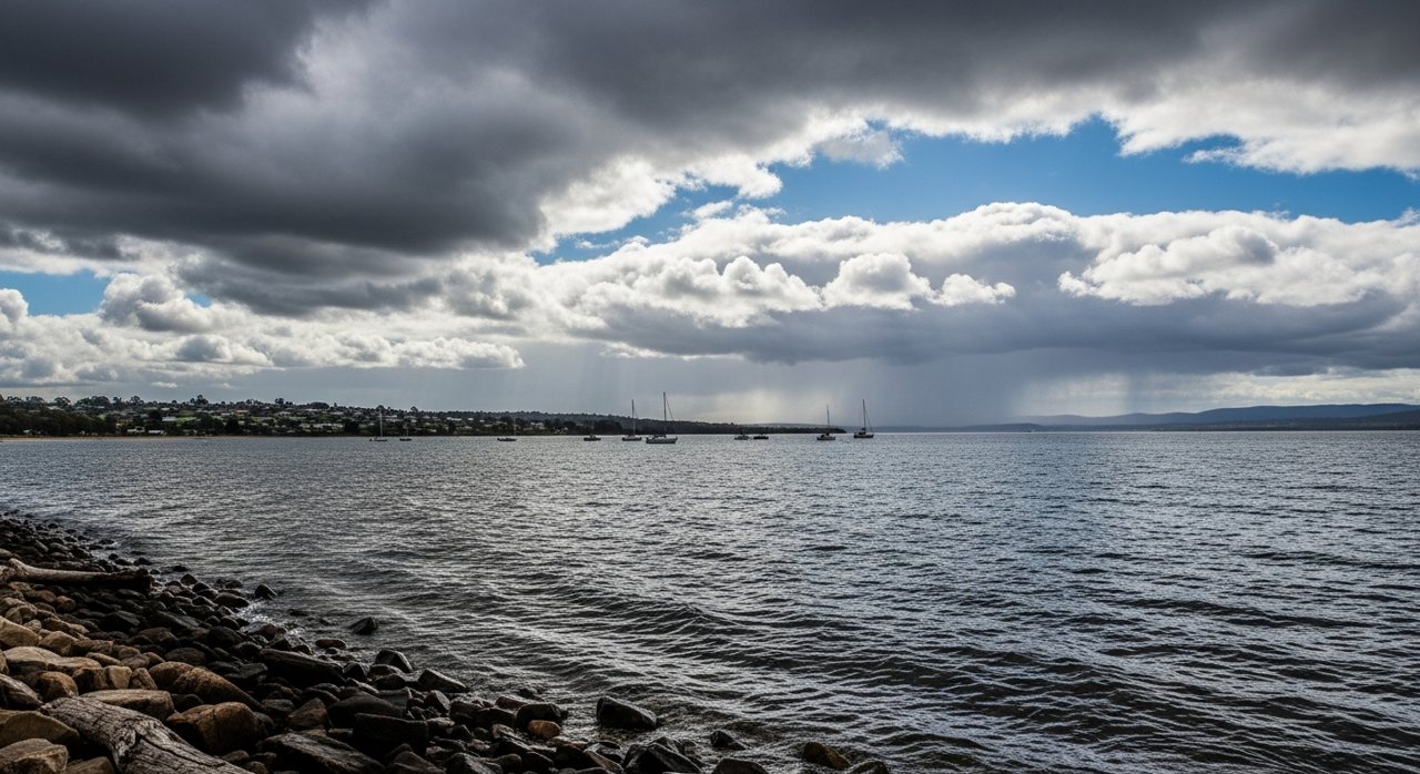 the River Derwent and the Eastern Shore foreshore under a dramatic Tasmanian sky