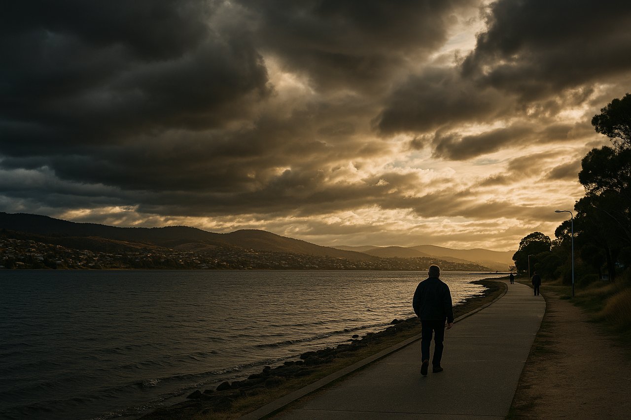 the River Derwent and the Eastern Shore foreshore under a dramatic Tasmanian sky