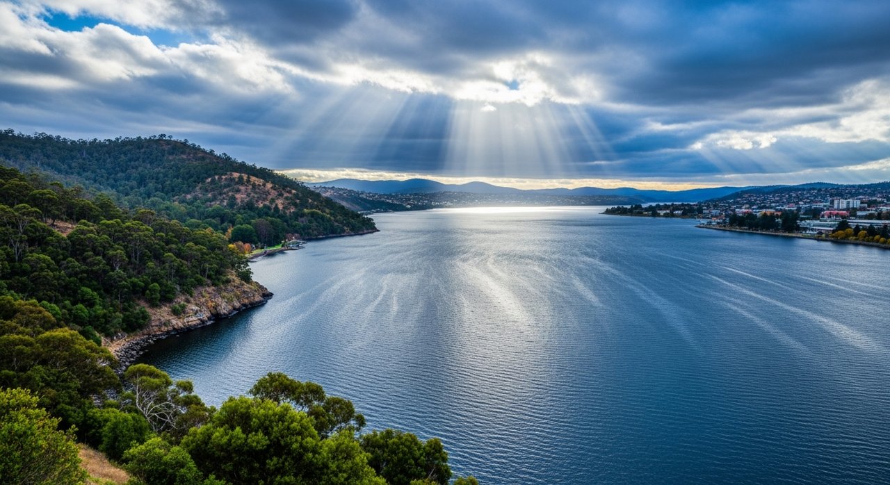 the River Derwent and the Eastern Shore foreshore under a dramatic Tasmanian sky
