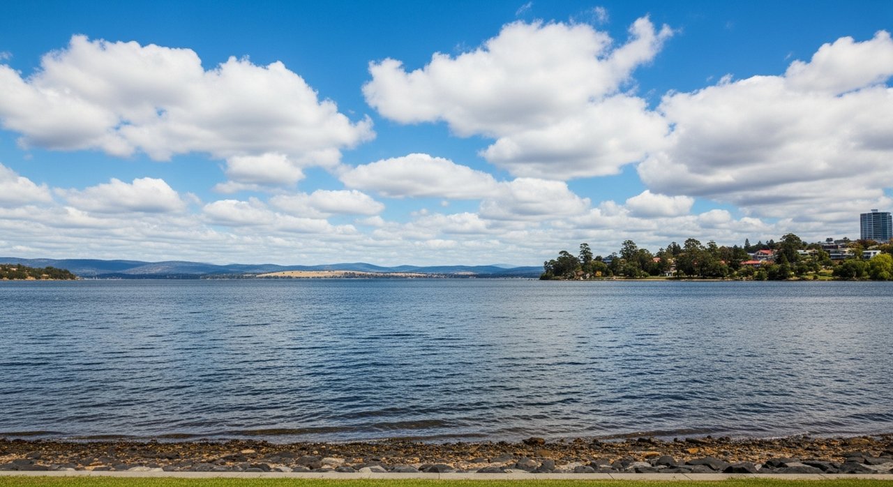 the River Derwent and the Eastern Shore foreshore under a dramatic Tasmanian sky