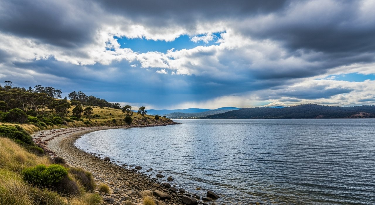 the River Derwent and the Eastern Shore foreshore under a dramatic Tasmanian sky