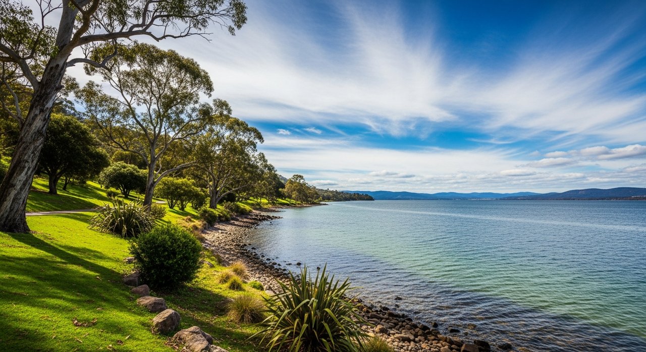 the River Derwent and the Eastern Shore foreshore under a dramatic Tasmanian sky