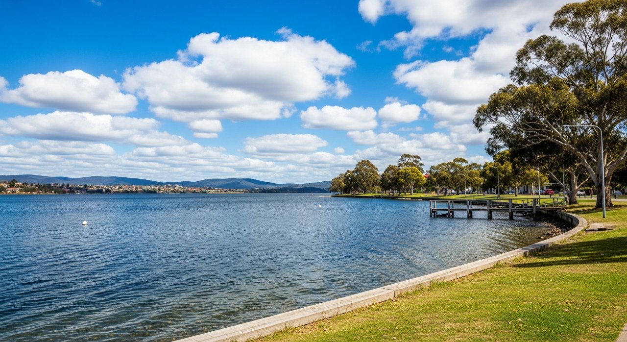 the River Derwent and the Eastern Shore foreshore under a dramatic Tasmanian sky